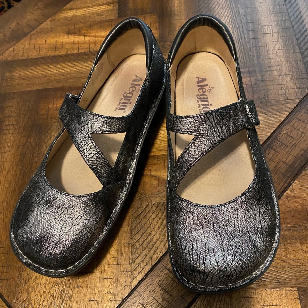 Alegria size 40 leather silver black Mary Jane shoes
